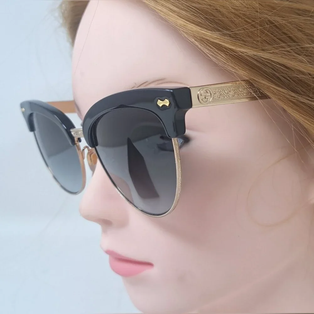 Gucci Womens Damascato Cat Eye Sunglasses Black Gold Half Rim GG4283/S 55-18-140